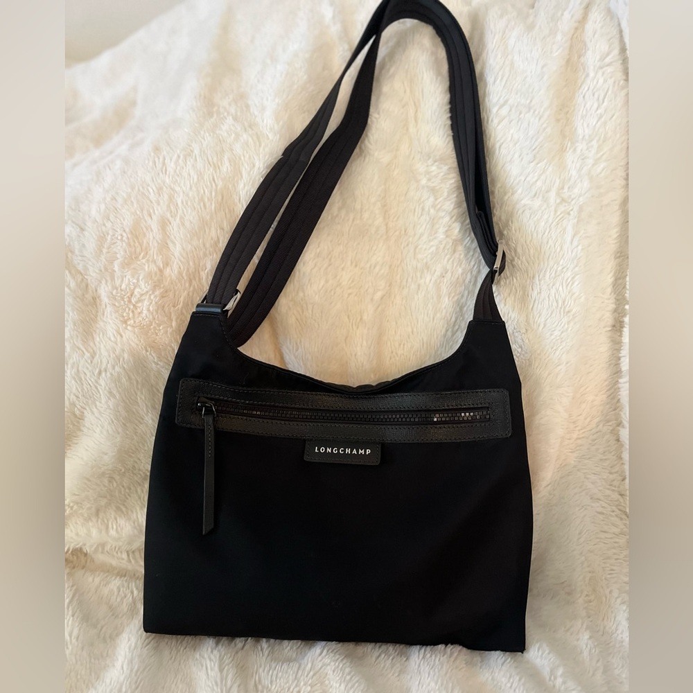 Longchamp France Black Nylon Leather Slim Medium Crossbody Bag